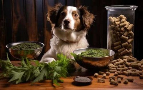 Canino enfrente de mesa con varias presentaciones de cilantro 