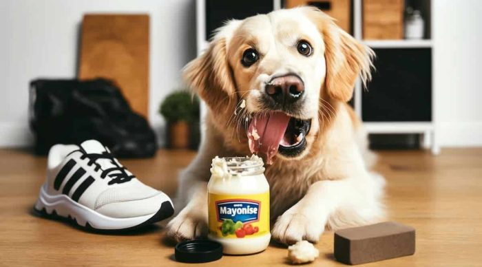 perro travieso comiendo mayonesa