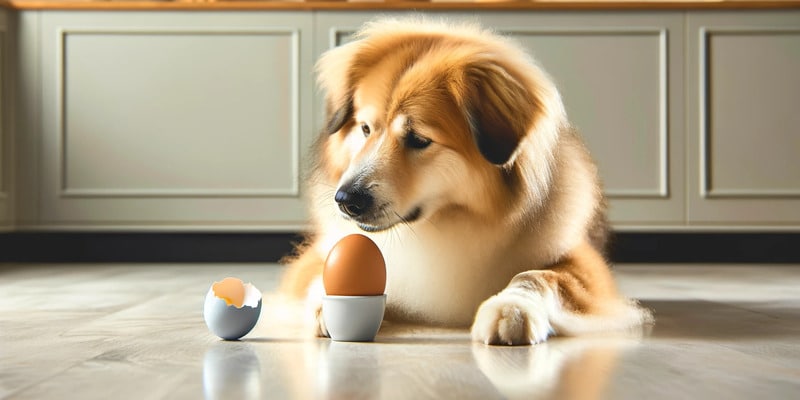 DALL·E 2024 05 13 14.25.02 A realistic horizontal image of a dog eating a cooked egg. The dog is a medium sized fluffy tan colored breed sitting on a kitchen floor. Its gentl