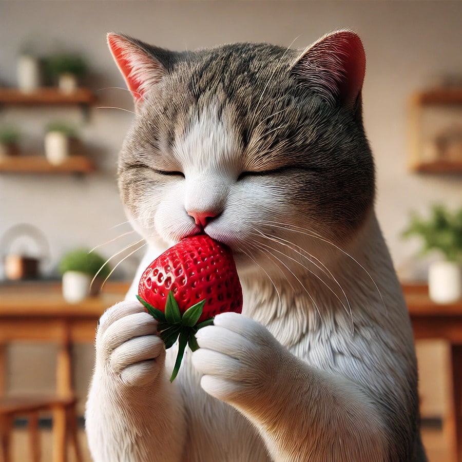 DALL·E 2024 07 04 17.58.36 A realistic horizontal image of a cat eating a strawberry. The cat is a domestic short haired cat with a mix of white and gray fur. It is delicately 1