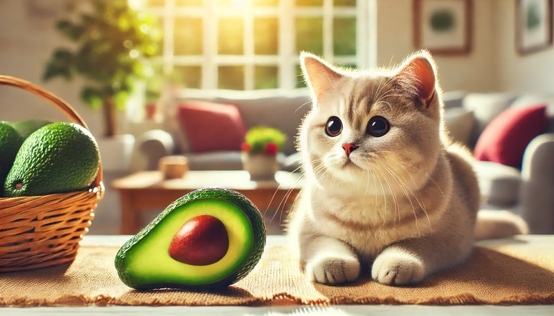 DALL·E 2024 07 08 16.12.39 A cute cat sitting near an avocado. The cat is looking curiously at the avocado which is placed on a table beside it. The background shows a cozy liv 1