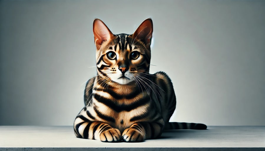 DALL·E 2024 07 16 20.34.17 A horizontal image of a Bengal cat. The cat has a sleek muscular body with distinct rosette patterns on its coat. The background is simple and unobtr 1