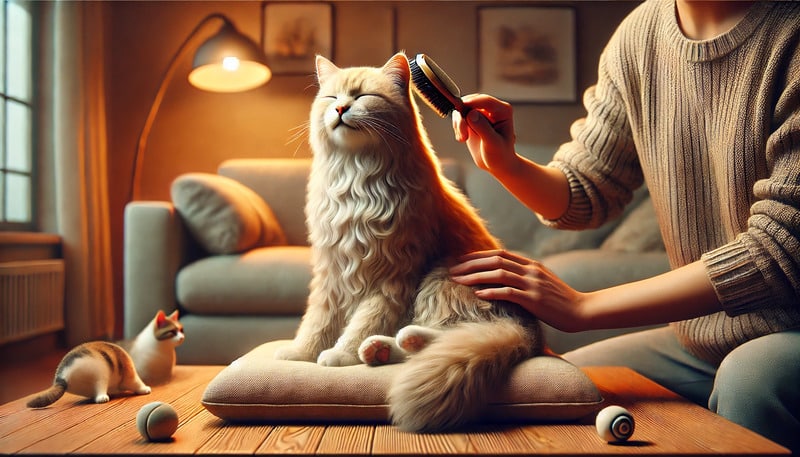 DALL·E 2024 07 17 15.49.04 A realistic horizontal image of a cat being brushed. The scene should depict a relaxed cat sitting comfortably on a soft cushion or lap while a pers 1