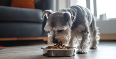Perro mayor de raza pequeña comiendo de su tazón alimento para perros. Esta en una casa moderna.