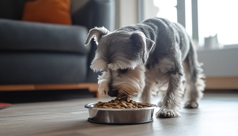 Perro mayor de raza pequeña comiendo de su tazón alimento para perros. Esta en una casa moderna.
