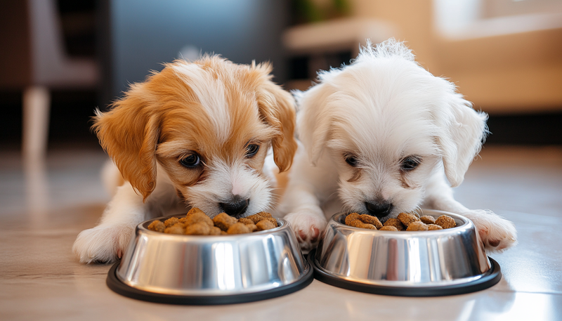 Dos perros comiendo croquetas nupec perros cachorros de su tazon. En una cocina de una casa moderna.