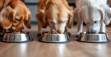 Tres perros comiendo cada uno de su tazón alimento hills science diet perros adultos. Están sobre el piso de madera en una cocina.