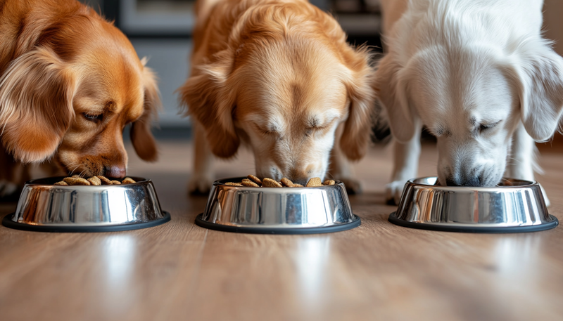 Tres perros comiendo cada uno de su tazón alimento hills science diet perros adultos. Están sobre el piso de madera en una cocina.