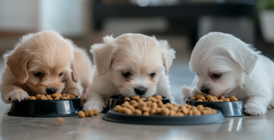 Tres perros cachorros de razas pequeñas, comiendo alimento royal canin puppy de su tazón de comida en el piso, en una cocina.