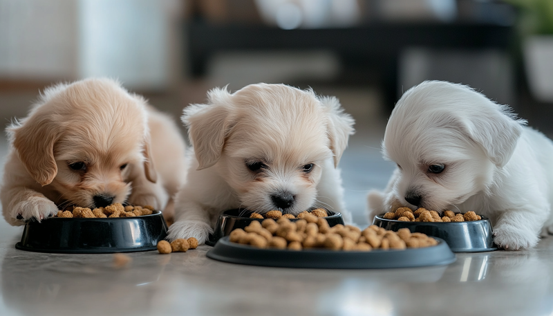 Tres perros cachorros de razas pequeñas, comiendo alimento royal canin puppy de su tazón de comida en el piso, en una cocina.