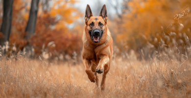 Perro Pastor belga Malinois adulto corriendo en el campo, de fondo se ven árboles altos.