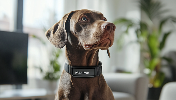 Perro color café con un collar que dice "Maximo". El fondo es una casa moderna.