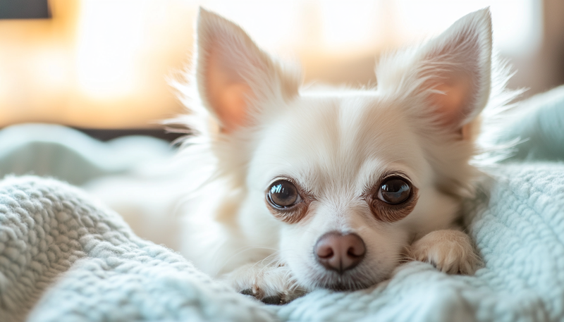 Perro chihuahua blanco, mirada tierna, recostado sobre una manta en una habitación moderna.