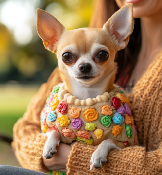 Perro chihuahua hembra con un vestuario colorido, en los brazos de una mujer. permanecen sentadas en la banca de un parque.