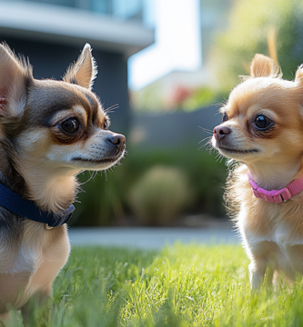 Dos perros chihuahuas hembra y macho en el patio de una casa moderna.