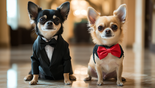 Dos perros chihuahuas machos , vestidos elegantes, sentados en el piso de una casa moderna.