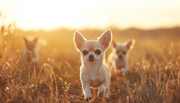 Tres perros chihuahuas machos explorando en el campo, al atardecer.